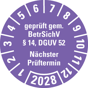 Prüfplakette BetrSichV §14, DGUV52, Nächster Prüftermin, 2028, violett, Folie, Spezialkleber, Ø30mm, 18 / Bogen Bild 1
