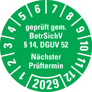 Prüfplakette BetrSichV §14, DGUV52, Nächster Prüftermin, 2029, grün, Folie, Spezialkleber, Ø30mm, 18 / Bogen Bild 1