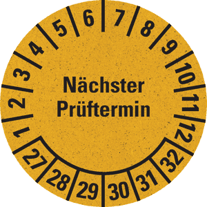 Prüfplakette Nächster Prüftermin 27-32, gelb, Primärfaser-Graspapier, Ø 30mm, 18 / Bogen Bild 1