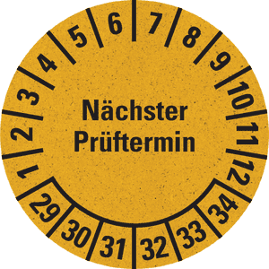 Prüfplakette Nächster Prüftermin 29-34, gelb, Primärfaser-Graspapier, Ø 30mm, 500/RO Bild 1