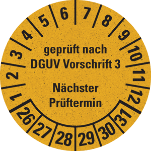 Prüfplakette geprüft nach DGUV V3, Nächster Prüftermin, 26-31, gelb, Primärfaser-Graspapier, Ø 30mm, 500/RO Bild 1