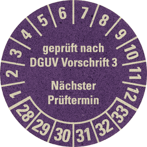 Prüfplakette geprüft nach DGUV V3 Nächster Prüftermin, 28-33, violett, Primärfaser-Graspapier, Ø30mm, 18 / Bogen Bild 1
