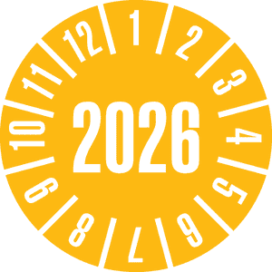Prüfplakette 2026, gelb, Schachbrettfolie, selbstklebend, Ø 30mm, 18 / Bogen Bild 1