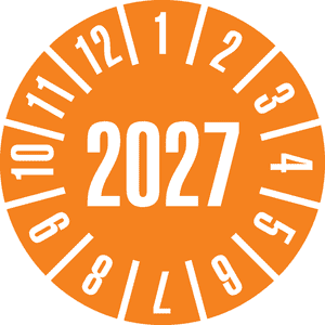Prüfplakette 2027, orange, Schachbrettfolie, selbstklebend, Ø 30mm, 18 / Bogen Bild 1