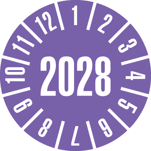 Prüfplakette 2028, violett, Schachbrettfolie, selbstklebend, Ø 30mm, 18 / Bogen Bild 1