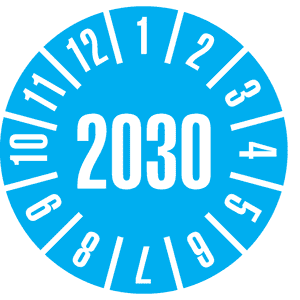 Prüfplakette 2030, hellblau, Schachbrettfolie, selbstklebend, Ø 30mm, 18 / Bogen Bild 1