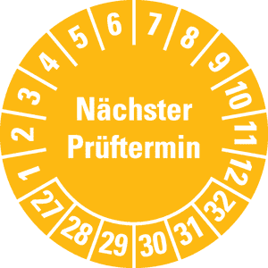 Prüfplakette Nächster Prüftermin 27-32, gelb, Schachbrettfolie, Ø 30mm, 18 / Bogen Bild 1