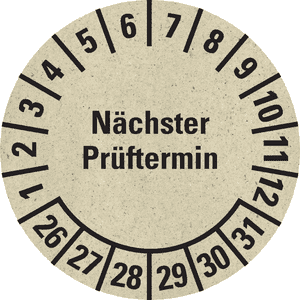 Prüfplakette Nächster Prüftermin 26-31, natur, Primärfaser-Graspapier, Ø30mm, 18 / Bogen Bild 1