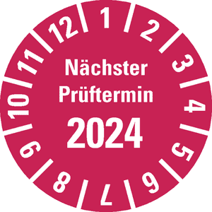 Prüfplakette Nächster Prüftermin 2024, rot, Polyesterfolie, Spezialkleber, Ø20mm, 36 / Bogen Bild 1