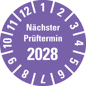 Prüfplakette Nächster Prüftermin 2028, violett, Polyesterfolie, Spez.Ø20mm, 36 / Bogen Bild 1