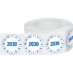 Prüfplakette 2030, weiß, Folie, mit Spezialkleber, Oberflächenschutz, Ø25mm, 500/Rolle Bild 2