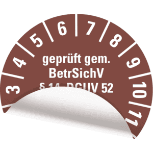 Prüfplakette BetrSichV §14, DGUV52, Nächster Prüftermin, 2025, braun, Folie, Spezialkleber, Ø30mm, 18 / Bogen Bild 3