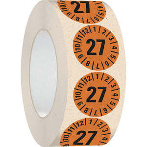 Prüfplakette 27, orange, Primärfaser- Graspapier, Ø 30mm, 500 / Rolle Bild 2