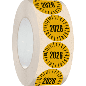 Prüfplakette 2026, gelb, Primärfaser- Graspapier, Ø 30mm, 500 / Rolle Bild 2