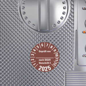 Prüfplakette Geprüft von nach DGUV 3,2025, braun, Dokumentenfolie, Ø 30mm, 18 / Bogen Bild 4