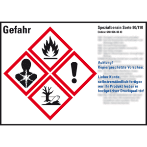 GHS-Etikett Spezialbenzin Sorte 80/110, gemäß GefStoffV/GHS/CLP, Folie, 148x105mm, 4 / Bogen Bild 1