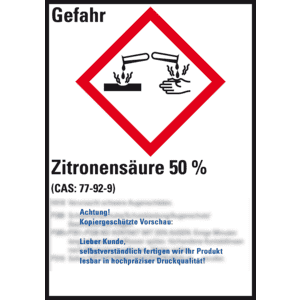 GHS-Etikett Zitronensäure 50%, gemäß GefStoffV/GHS/CLP, Folie, 52x74mm, 10 / Bogen Bild 1