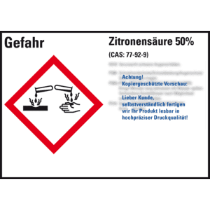 GHS-Etikett Zitronensäure 50%, gemäß GefStoffV/GHS/CLP, Folie, 105x74mm, 8 / Bogen Bild 1