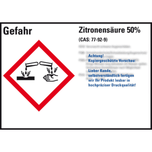 GHS-Etikett Zitronensäure 50%, gemäß GefStoffV/GHS/CLP, Folie, 148x105mm, 4  / Bogen