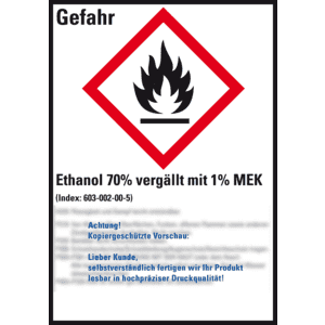 GHS-Etikett Ethanol 70% vergällt mit 1% MEK, GefStoffV/GHS/CLP, Folie, 52x74mm, 10 / Bogen Bild 1