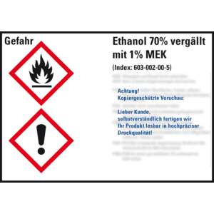GHS-Etikett Ethanol 70%.. mit 1% MEK, GefStoffV/GHS/CLP, Folie, 105x74mm, 8 / Bogen Bild 1