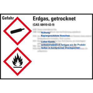 GHS-Etikett Erdgas getrocknet, gemäß GefStoffV/GHS/CLP, Folie, 105x74mm, 8 / Bogen Bild 1