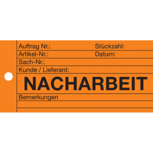 Qualitätsanhänger Nacharbeit, orange, Karton, mit Metallöse, 66x140mm, 100 / Verpackungseinheit Bild 1