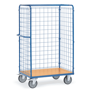 fetra® Paketwagen mit Drahtgitterwänden, blau, Stahlrohr, Holz, 1369x809x1800mm, 58kg Bild 1