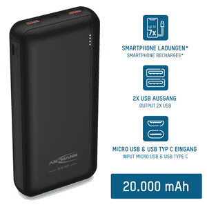 ANSMANN Powerbank PB320PD, Quick Charge 3.0, 20000 mAh, 20W, Micro - USB Kabel Bild 3