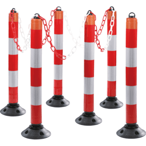 Absperrpfosten-Set LeitPin, 6-teilig, mit Zylinderfuß, anfahrbar, rot/weiß, 1050mm Bild 1