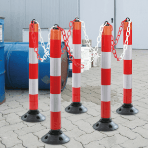 Absperrpfosten-Set LeitPin, 6-teilig, mit Zylinderfuß, anfahrbar, rot/weiß, 1050mm Bild 2