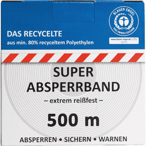 Recycling Absperrband Super, rot / weiß geblockt, Polyethylen, 80mm, 500m / Rolle Bild 1