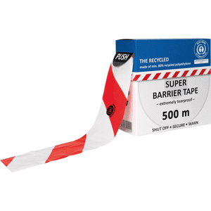 Recycling Absperrband Super, rot / weiß schraffiert, Polyethylen, 80mm, 500m / Rolle Bild 2