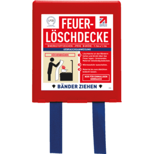 Feuerlöschdecke, mit 2 Zuglaschen, Glasfasergewebe, 1100 x 1100mm, Kunststoffbox Bild 1