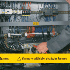 Absperrband Warnung vor gefährlicher elektrischer Spannung, mit Symbol, gelb, B 80mm, 500m/Rolle Bild 2