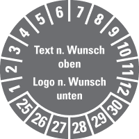Prüfplakette, Text oben/Logo unten, Monatsring, Dokufolie, selbstkl., Ø 30mm,18/Bogen