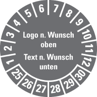 Prüfplakette, Logo oben/Text unten, Monatsring, Dokufolie, selbstkl., Ø 30mm,18/Bogen
