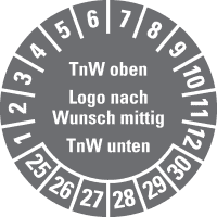 Prüfplakette, Text oben/unten, Logo mittig, Monatsring, Dokufolie, Ø 30mm,18/Bogen
