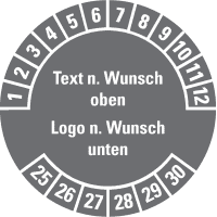 Prüfplakette, Text o./Logo u., Monatskranz, Dokufolie, selbstkl., Ø 30mm,18/Bogen