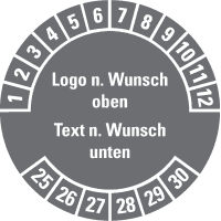 Prüfplakette, Logo o./Text u., Monatskranz, Dokufolie, selbstkl., Ø 30mm,18/Bogen