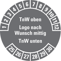 Prüfplakette, Text o., Logo mittig, Text/Monatskranz unten, Dokufolie, Ø30mm,18/Bogen