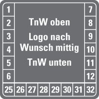 Prüfplakette, Text oben/unten, Logo mittig, Dokumentenfolie, 40x40mm, 12/Bogen