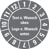Prüfplakette, Text oben/Logo unten, Dokumentenfolie, selbstkl., Ø 30mm, 18/Bogen