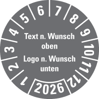 Prüfplakette, Text oben/Logo, Jahreszahl unten, Dokufolie, selbstkl., Ø 40mm,10/Bogen