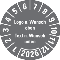 Prüfplakette, Logo oben/Text, Jahreszahl unten, Dokufolie, selbstkl., Ø 30mm,18/Bogen