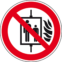 Verbotsschild Aufzug im Brandfall nicht benutzen, ASR/ISO, Folie, Ø 100 mm