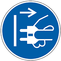 Gebotsschild Vor dem Öffnen Netzstecker ziehen, ISO, Folie, Ø 50mm, 10/Bogen