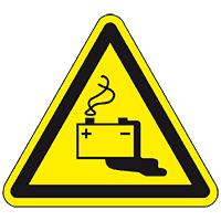 Warnschild Gefahren durch das Aufladen von Batterien, ASR/ISO, Folie, SL 200mm