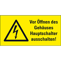 Warn-Kombischild Vor Öffnen des Gehäuses Hauptschalter..., praxis., Folie,74x37mm
