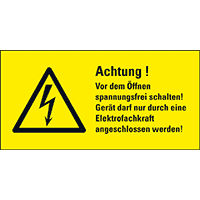 Warn-Kombischild Achtung! Vor dem Öffnen..., RoHS konform, Folie, selbstkl.,74x37mm